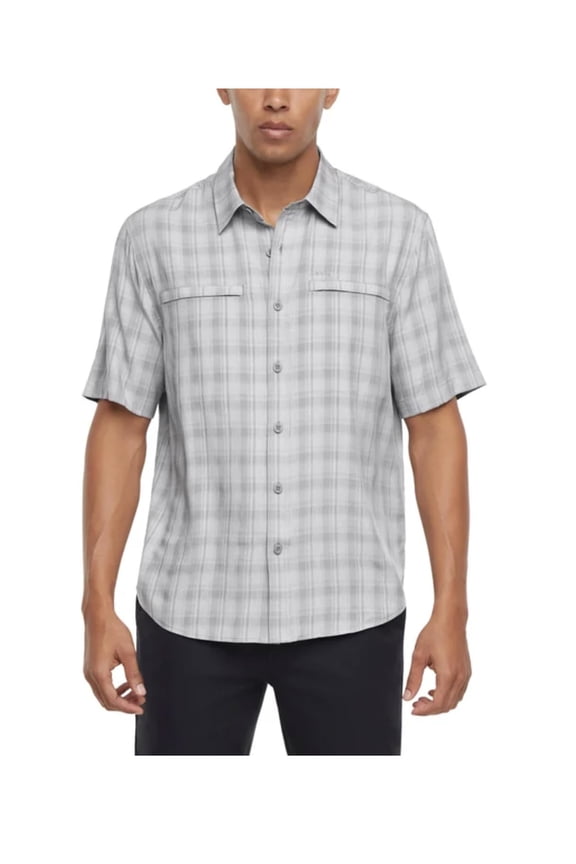 Men's UPF 30+ Quick Dry Moisture Wicking Button Up Short Sleeve Woven Tech Shirt with Pockets (US, Alpha, Large, Regular, Regular, Gray)