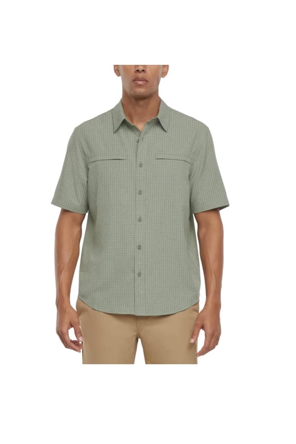Men's UPF 30+ Quick Dry Moisture Wicking Button Up Short Sleeve Woven Tech Shirt with Pockets (US, Alpha, X-Large, Regular, Regular, Green)
