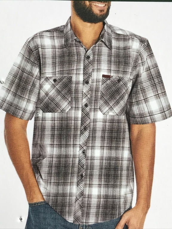Mens Short Sleeve Spread Collar Woven Tech Shirt Pockets (Gray Plaid, Small)