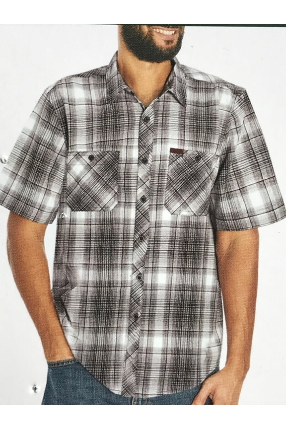 Mens Short Sleeve Spread Collar Woven Tech Shirt Pockets (Gray Plaid, Small)