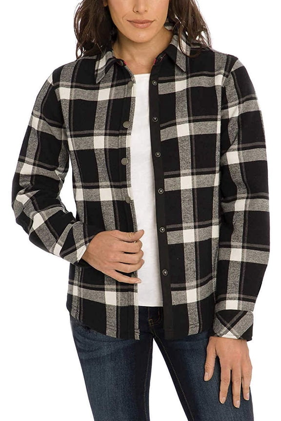Women Fleece Lined Cotton Flannel Plaid Shirt Jacket