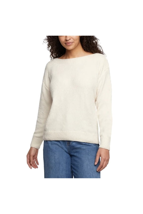 Women’s Boatneck Chenille Sweater – Soft Textured Knit Cozy Pullover – Midweight (Ivory/Large)