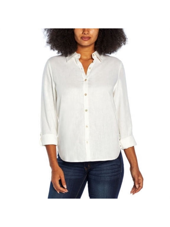 Women's Button Down Long Sleeve Linen Blend Top Shirt (Bright White, Small)