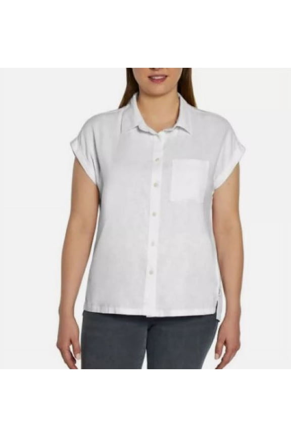Women's Button-Up Short Sleeves Linen Blend Shirt, White XL