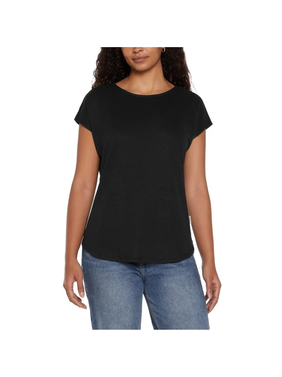 Womens Linen Blend Short Sleeve Top (Black, X-Large)