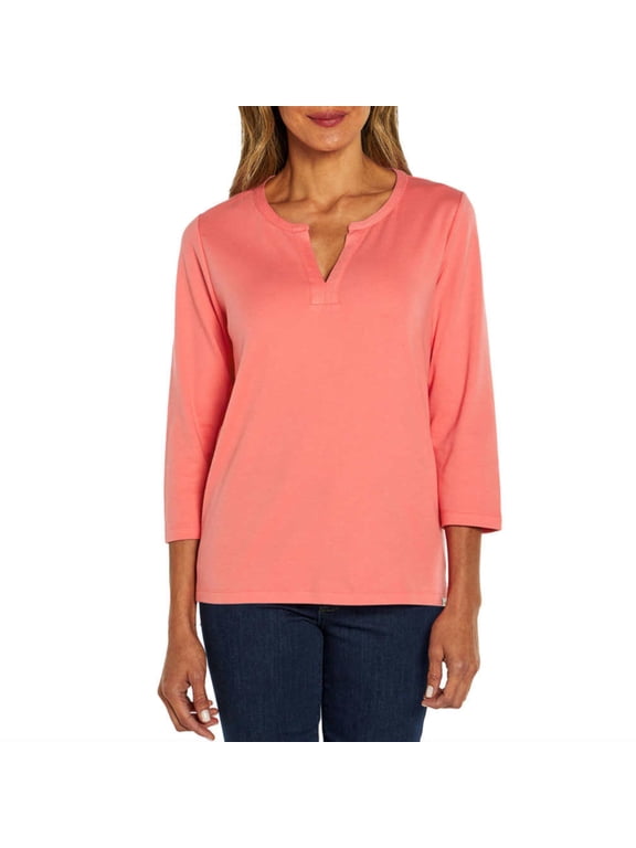 Women's Quater Sleeve Split Neck Soft Pima Cotton Blouse Top-Pink / M
