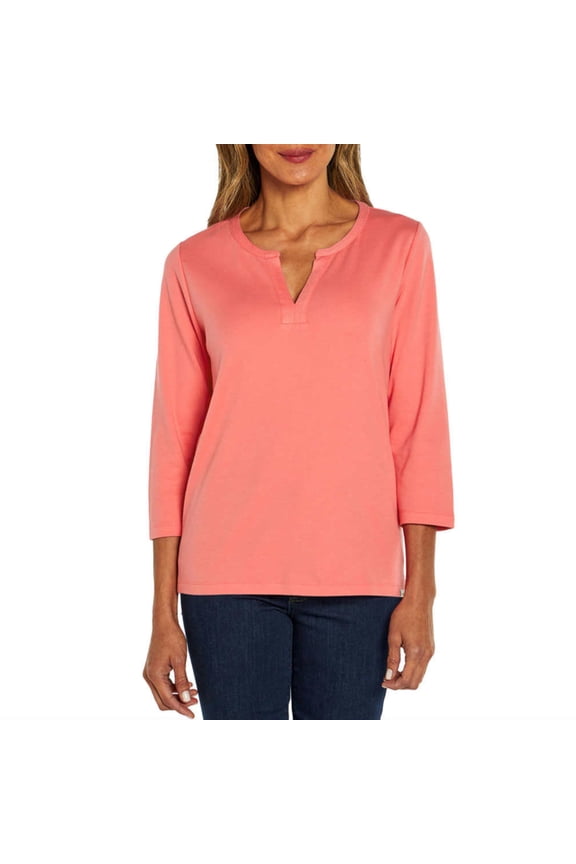 Women's Quater Sleeve Split Neck Soft Pima Cotton Blouse Top-Pink / XL