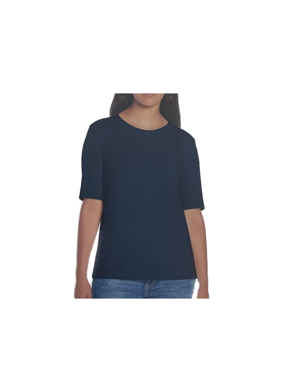 Women's Scoop Neck Pima Cotton Elbow Sleeve Top (US, Alpha, Medium, Regular, Regular, Navy)