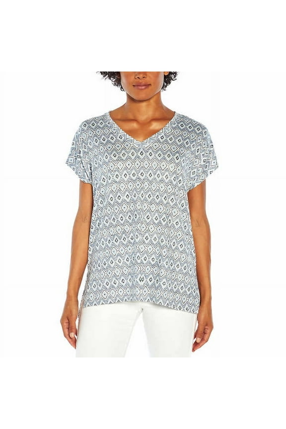 Women's Short Sleeve V-Neck Tunic Knit Top (Blue Ikat, Medium)