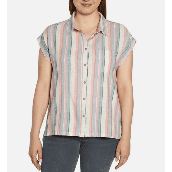 Orvis Women's Striped Linen Blend Button Short Sleeve Top XL