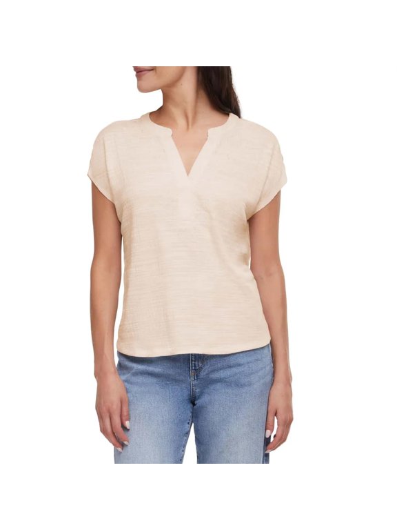 Women's Textured Top, Split V-Neck, Relaxed Fit (Cream, Large)