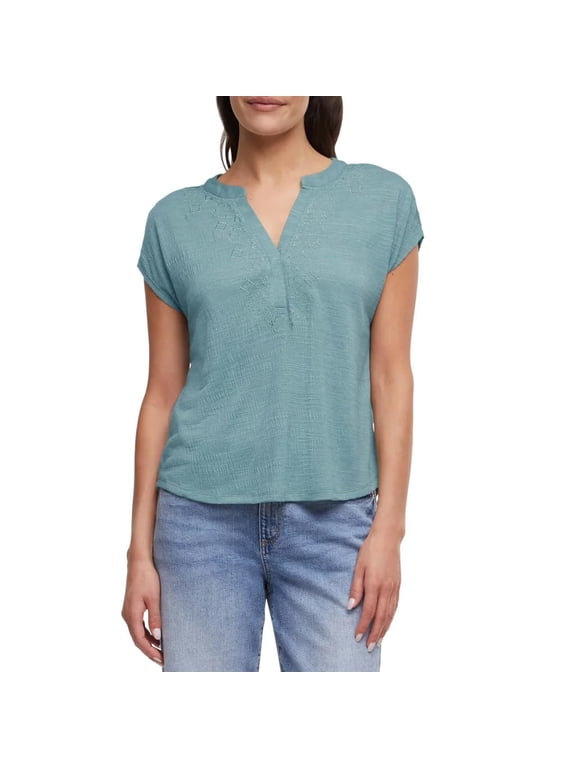 Women's Textured Top, Split V-Neck, Relaxed Fit (Teal, X-Large)