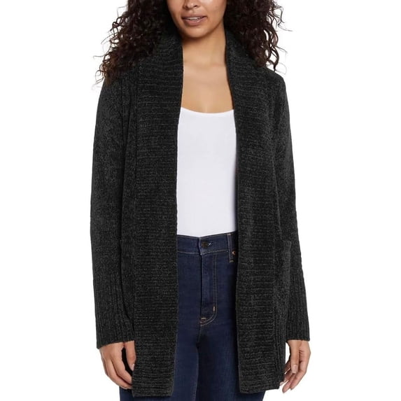 Orvis Womens Cardigan Sweater Chenille Pockets Soft Open-Front Midweight (Black,Small)