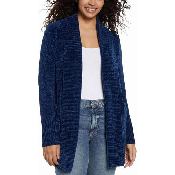 Orvis Womens Cardigan Sweater Chenille Pockets Soft Open-Front Midweight (Blue,X-Large)