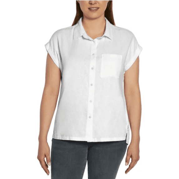 Orvis Tops for Women - Linen Blend Womens Short Sleeve Shirts - Button-Up with Collar - Dressy Casual (White, Small)
