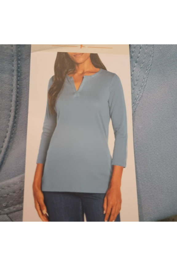 Womens' ¾ Sleeve Split Neck Top (Blue, Medium)