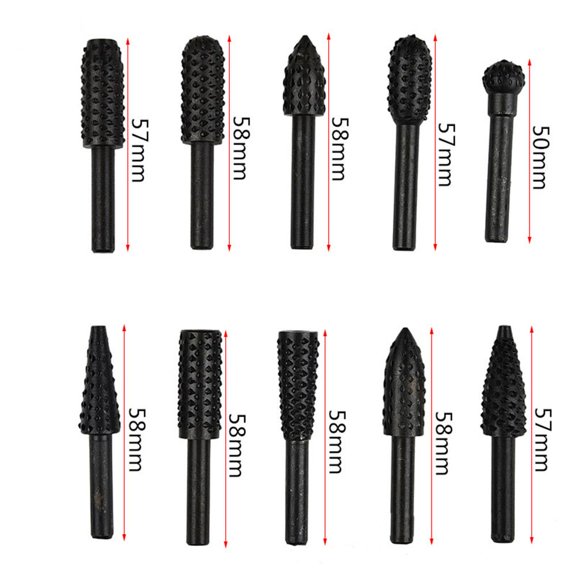 Orvunela 10 Pieces Rasp File Drill Bits Set 1/4 Inch Round Shank Rotary Burr Set for Woodworking Carving Grinding Hollowing DIY Tools 45 Carbon Steel Black