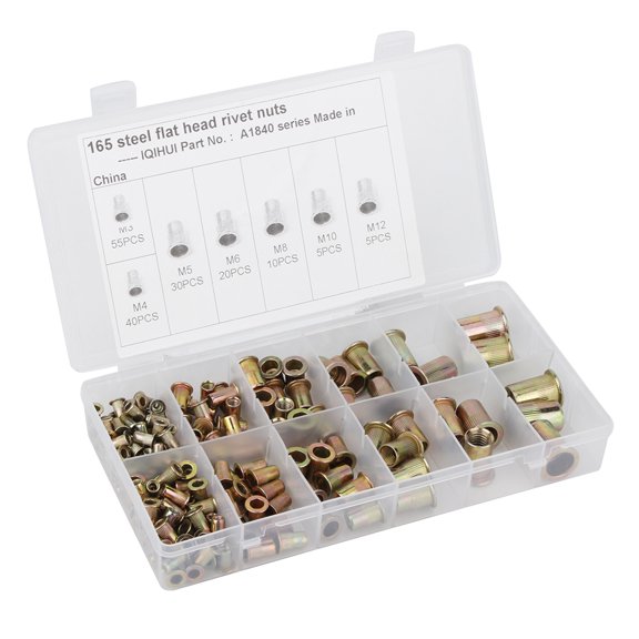 Orvunela 165 Pieces Carbon Steel Flat Rivet Nuts Assortment Kit, M3 to M12 Insert Nutserts