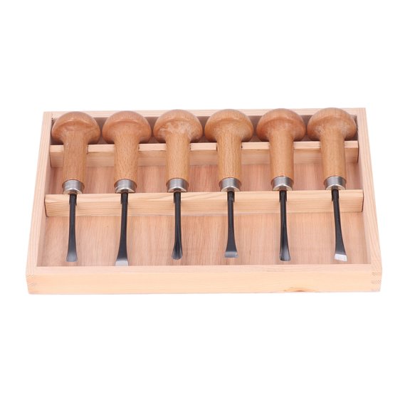 Orvunela 7-Piece Wood Carving Chisel Set Kit Sculpture Hand Tools with Mushroom Handle, Includes 6 Carbon Steel Woodworking Chisels and Wooden Storage Box for DIY Art Craft Accessories