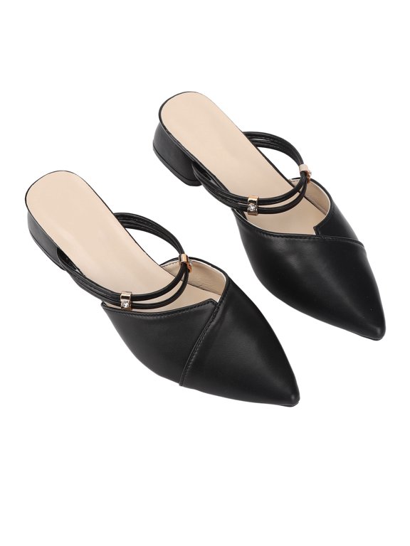 Women Pointed Closed Toe Heeled Sandals Rhinestone Slides Black Size 40