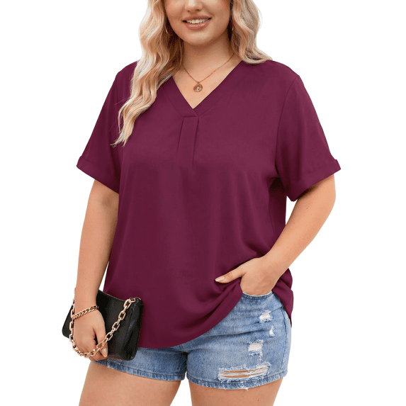 Oryer Casual Womens Plus Size Tops V-Neck Short Sleeve Shirts, Womens Summer Tops Tunic Blouse XL-5XL
