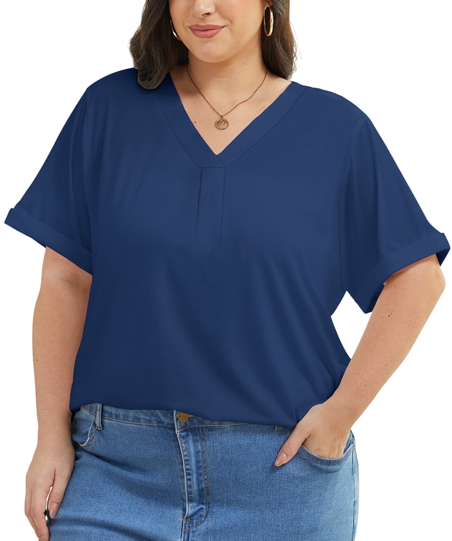 Oryer Womens Plus Size Tops Short Sleeve Shirts Tunic Summer Tops V Neck Casual Blouses