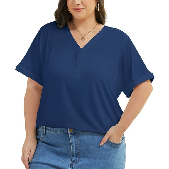 Oryer Womens Plus Size Tops Short Sleeve Shirts Tunic Summer Tops V Neck Casual Blouses