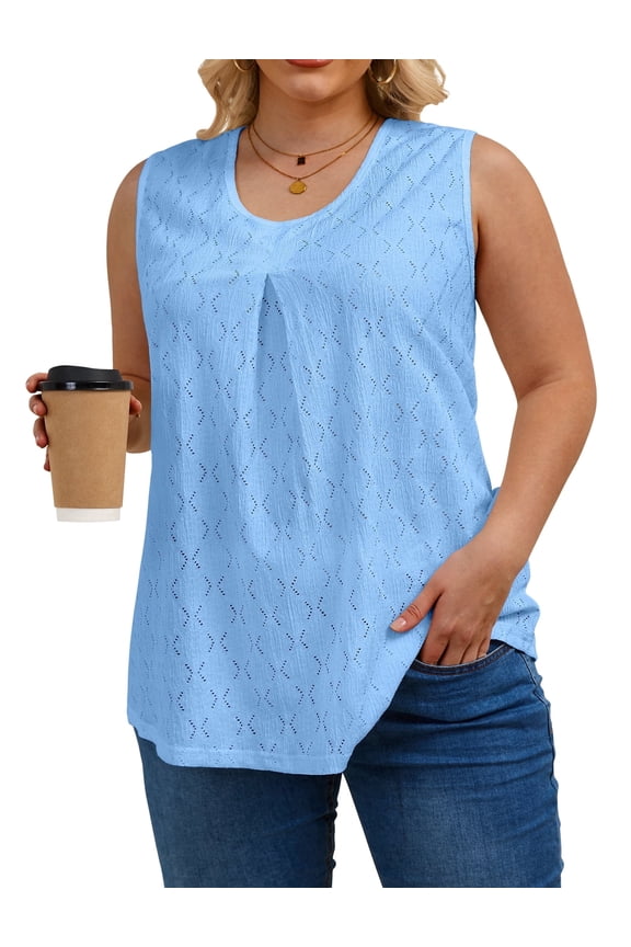 Womens Tank Top Plus Size, Eyelet Crew Neck Plus Size Tank Tops for Women, Trendy Tunic Flowy Womens Sleeveless Tops Summer Shirts Casual Blouse 1X-5X