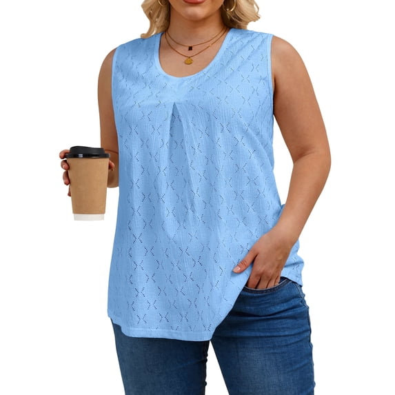 Oryer Womens Tank Top Plus Size, Eyelet Crew Neck Plus Size Tank Tops for Women, Trendy Tunic Flowy Womens Sleeveless Tops Summer Shirts Casual Blouse 1X-5X