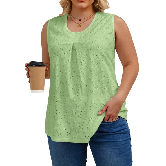 Oryer Womens Tank Top Plus Size, Eyelet Crew Neck Plus Size Tank Tops for Women, Trendy Tunic Flowy Womens Sleeveless Tops Summer Shirts Casual Blouse 1X-5X