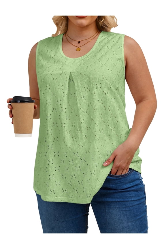 Womens Tank Top Plus Size, Eyelet Crew Neck Plus Size Tank Tops for Women, Trendy Tunic Flowy Womens Sleeveless Tops Summer Shirts Casual Blouse 1X-5X