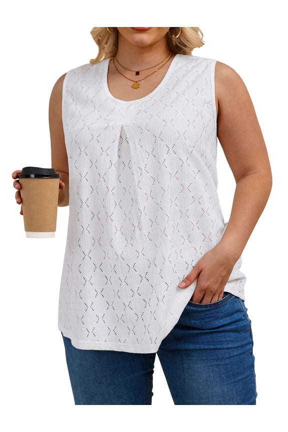 Womens Tank Top Plus Size, Eyelet Crew Neck Plus Size Tank Tops for Women, Trendy Tunic Flowy Womens Sleeveless Tops Summer Shirts Casual Blouse 1X-5X