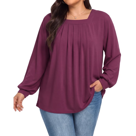Oryer Womens Plus Size Tops Fall Tunic Shirts, Square Neck Lantern Long Sleeve Loose Casual Blouses, XL-4XL