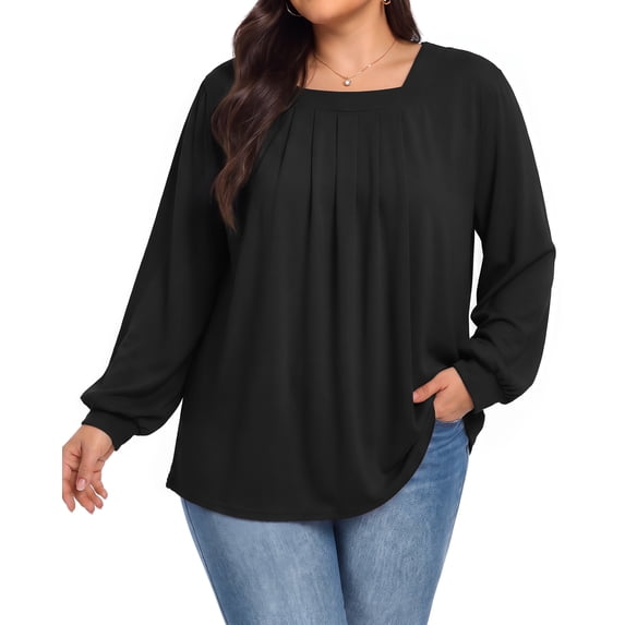 Oryer Womens Plus Size Tops Fall Tunic Shirts, Square Neck Lantern Long Sleeve Loose Casual Blouses, XL-4XL