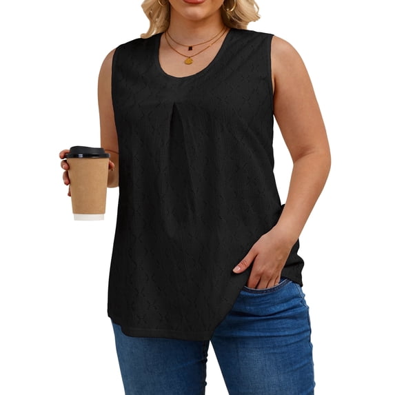 Oryer Womens Tank Top Plus Size, Eyelet Crew Neck Plus Size Tank Tops for Women, Trendy Tunic Flowy Womens Sleeveless Tops Summer Shirts Casual Blouse 1X-5X