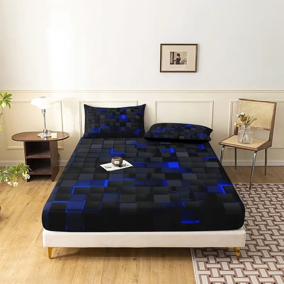 Orylavena 3D Blue Glowing Cubes Microfiber Fitted Sheet Set, 1 Sheet 2 Pillowcases, Queen