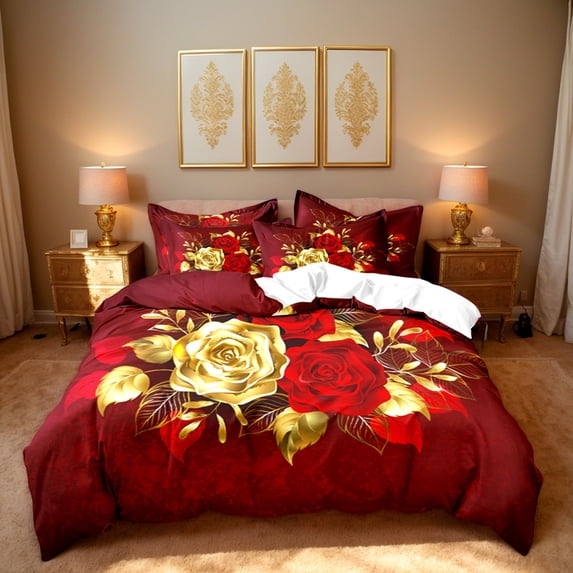 Orylavena 3D Gold Red Rose Microfiber Duvet Cover Set, White Back, King
