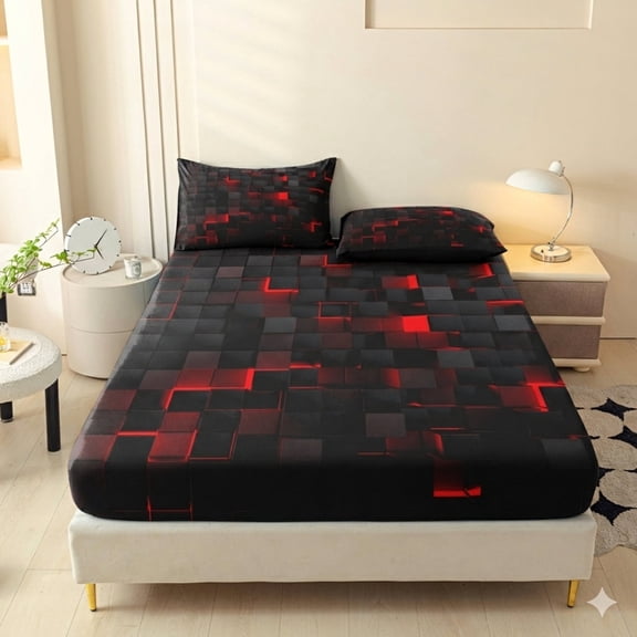 Orylavena 3D Red Glow Cubes Microfiber Fitted Sheet Set, 1 Sheet 2 Pillowcases, Twin