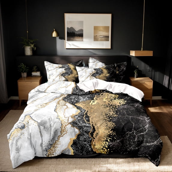 Orylavena Black and Gold Marble Microfiber Duvet Cover Set, Twin, 3-Piece
