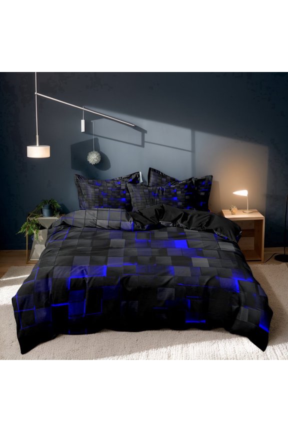 Blue 3D Block Microfiber Duvet Cover Set, Black Back, Twin/Full/Queen/King