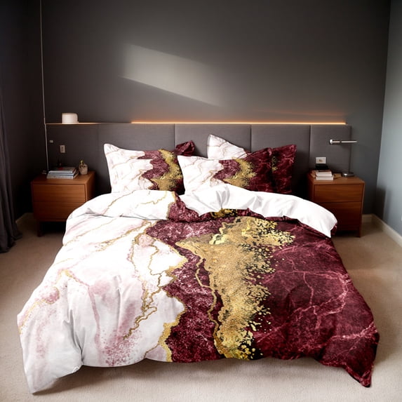 Orylavena Burgundy and Gold Marble Microfiber Duvet Cover Set, Twin, 3-Piece