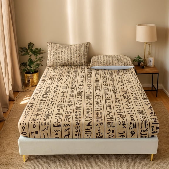 Orylavena Egyptian Hieroglyphs Digital Print Microfiber Fitted Sheet Set, Twin
