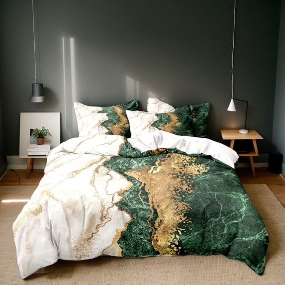 Orylavena Emerald Green and Gold Marble Microfiber Duvet Cover Set, Queen, 3-Piece