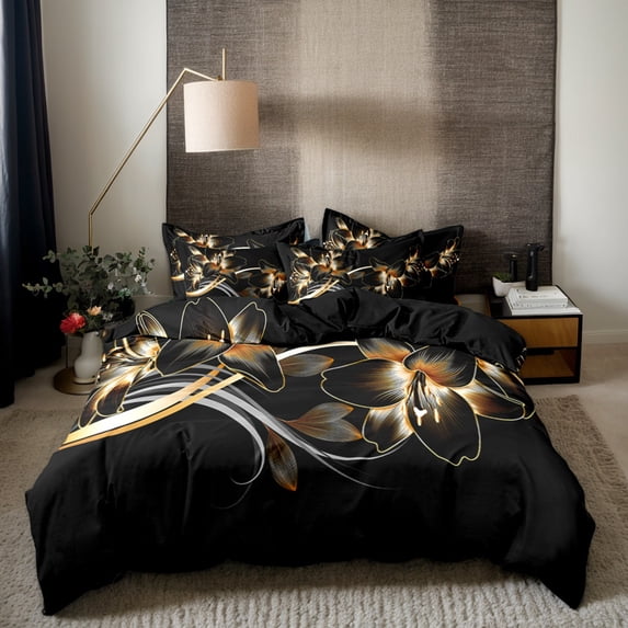 Orylavena Gold Floral Microfiber Duvet Cover Set, Reversible, King