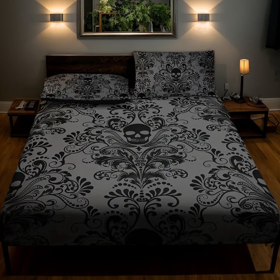 Orylavena Gothic Damask Skull Digital Print Microfiber Fitted Sheet Set, Twin