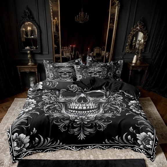Orylavena Gothic Romantic Skull Microfiber Duvet Cover Set, Black Back, Twin