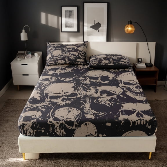 Orylavena Gothic Skull Digital Print Microfiber Fitted Sheet Set, Full