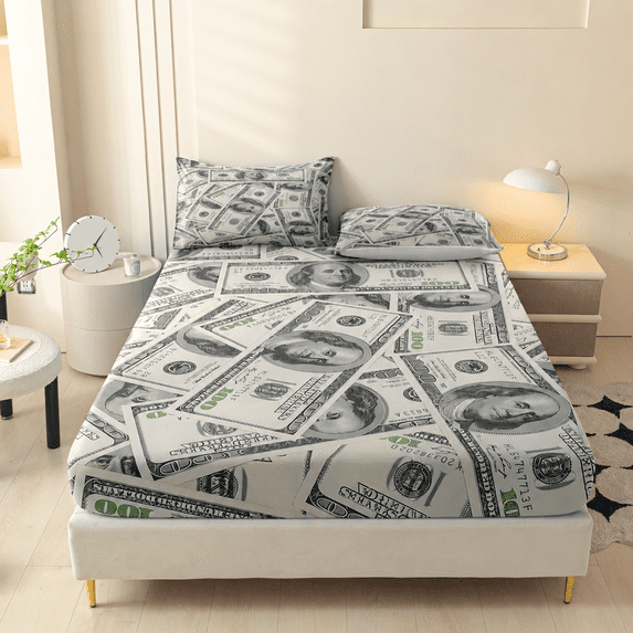 Orylavena Gray Green Money Print Microfiber Fitted Sheet Set, Twin, 3-Piece