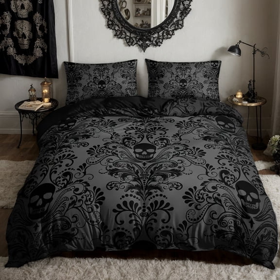 Orylavena Grey Black Skull Microfiber Duvet Cover Set, Black Back, Twin