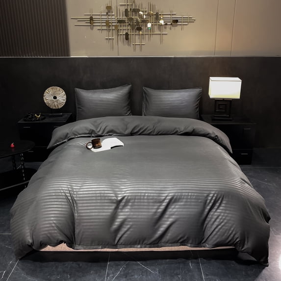 Orylavena Gray Damask Stripe Microfiber Duvet Cover Set, Full, 3-Piece